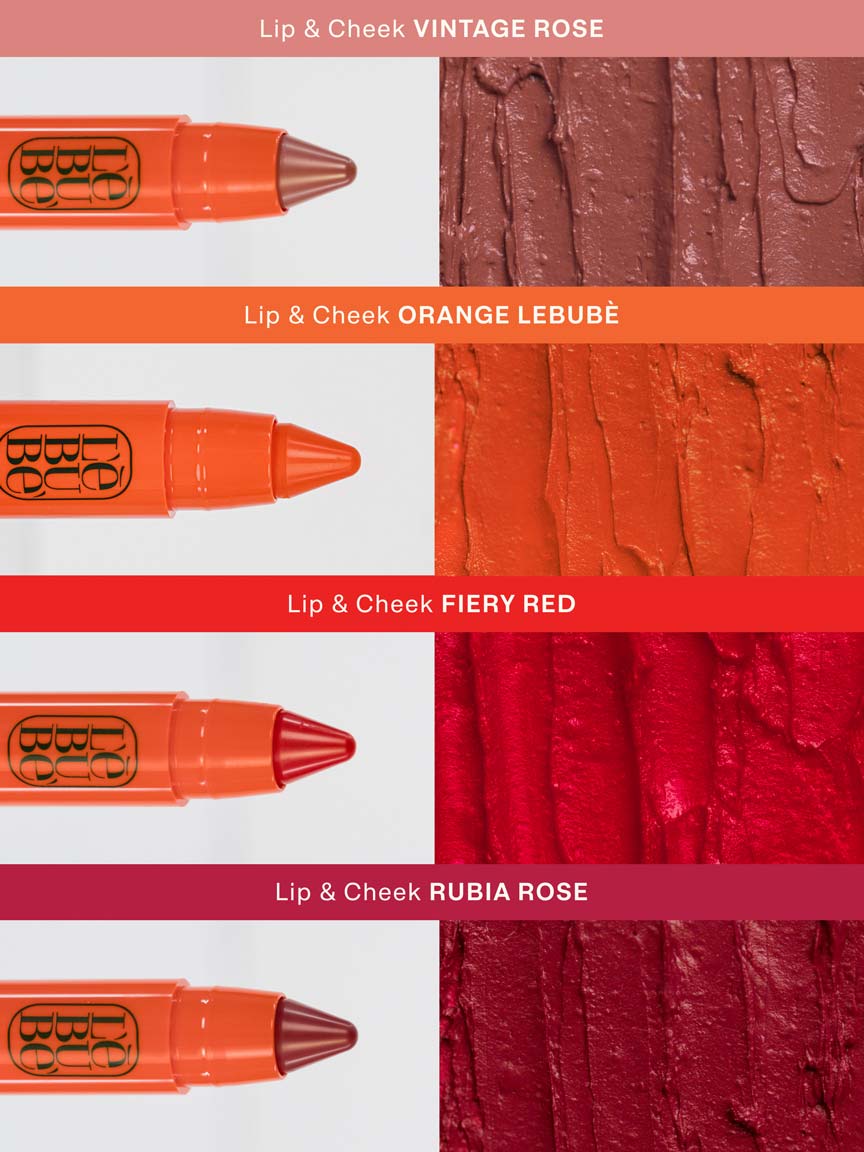 Grid of pictures showing Lebubè Lip and Cheek in four inclusive shades and its textures, showcasing the color pigment of the formula