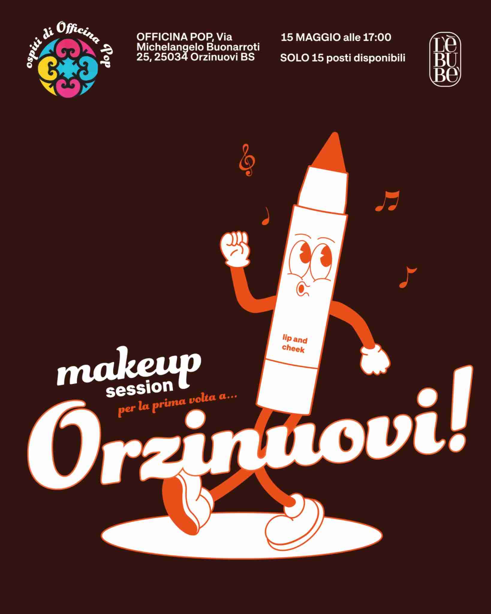 Cartoon character of a Lip and Cheek from Lebubè hybrid cosmetics promoting a makeup session masterclass in Orzinuovi, Brescia