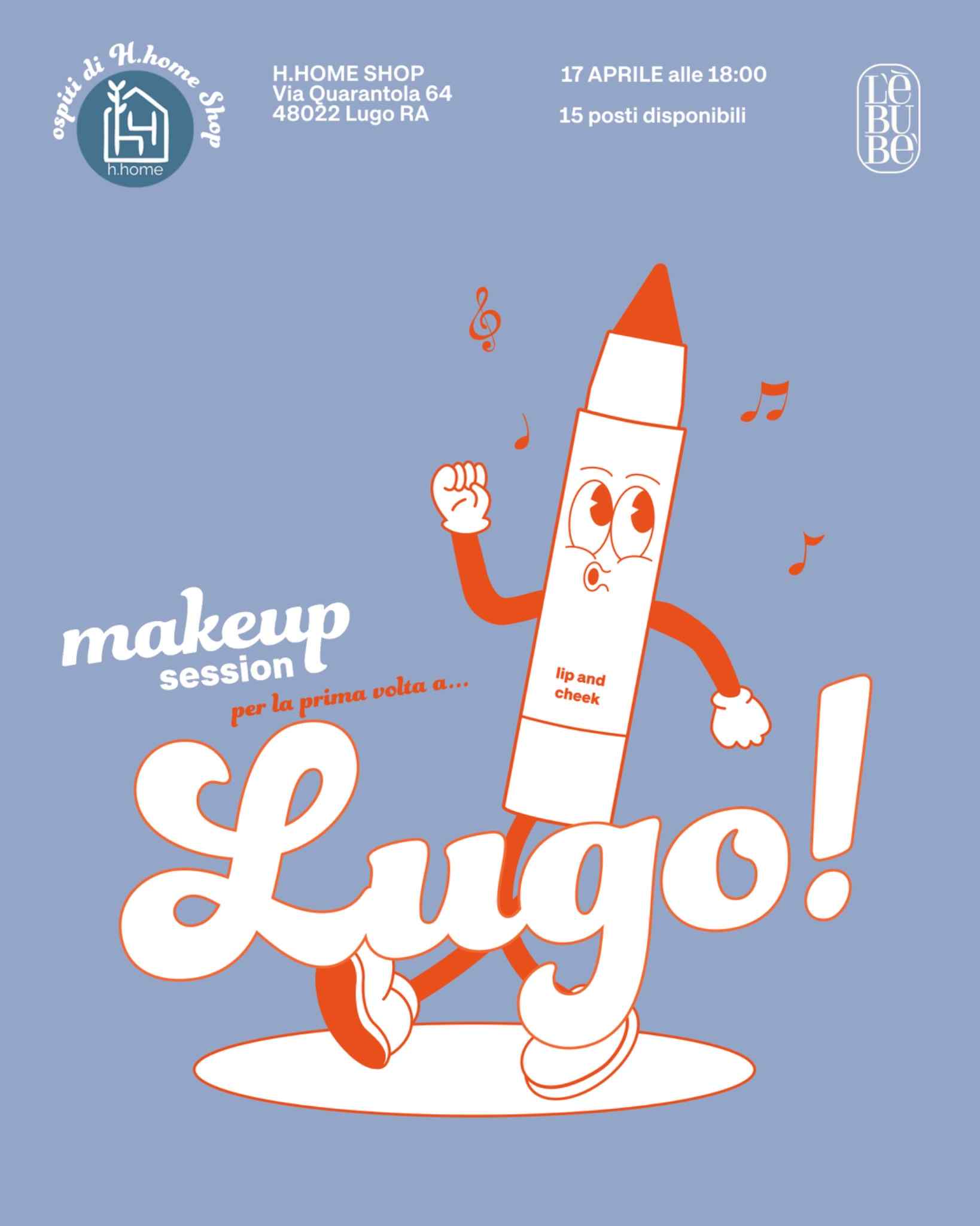 Cartoon character of a Lip and Cheek from Lebubè hybrid cosmetics promoting a makeup session masterclass in Lugo, Ravenna