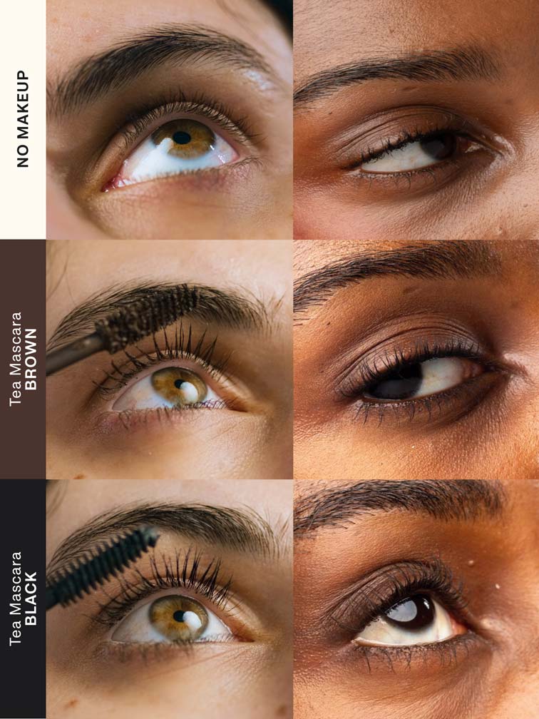 Lebubè plant-based brown and black mascara for naturally defined lashes. Effect on lashes from no mascara to applied mascara