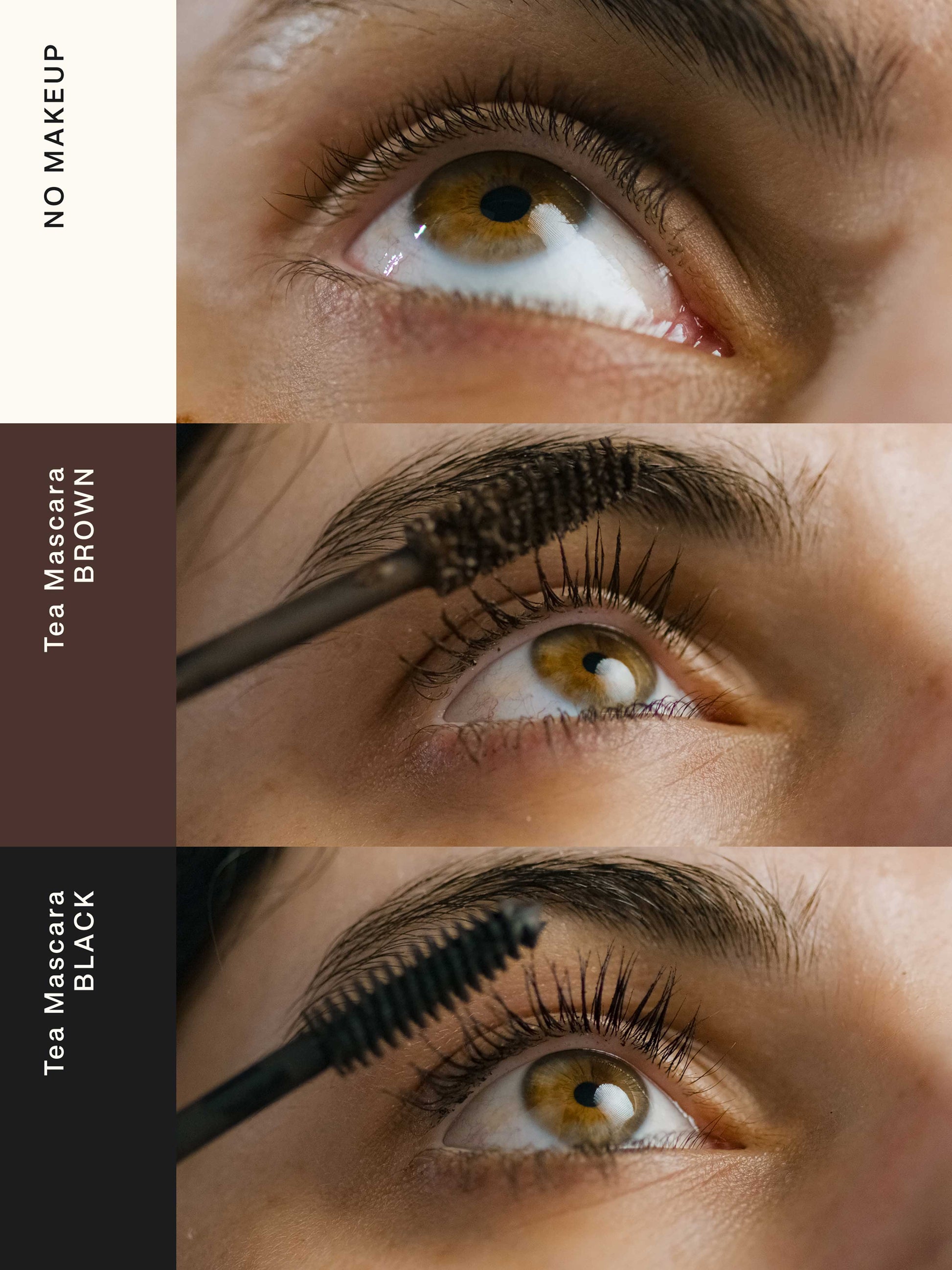 Lebubè plant-based brown and baòckmascara for naturally defined lashes. Application swatches from no mascara to applied mascara. From Lebubè hybrid cosmetics