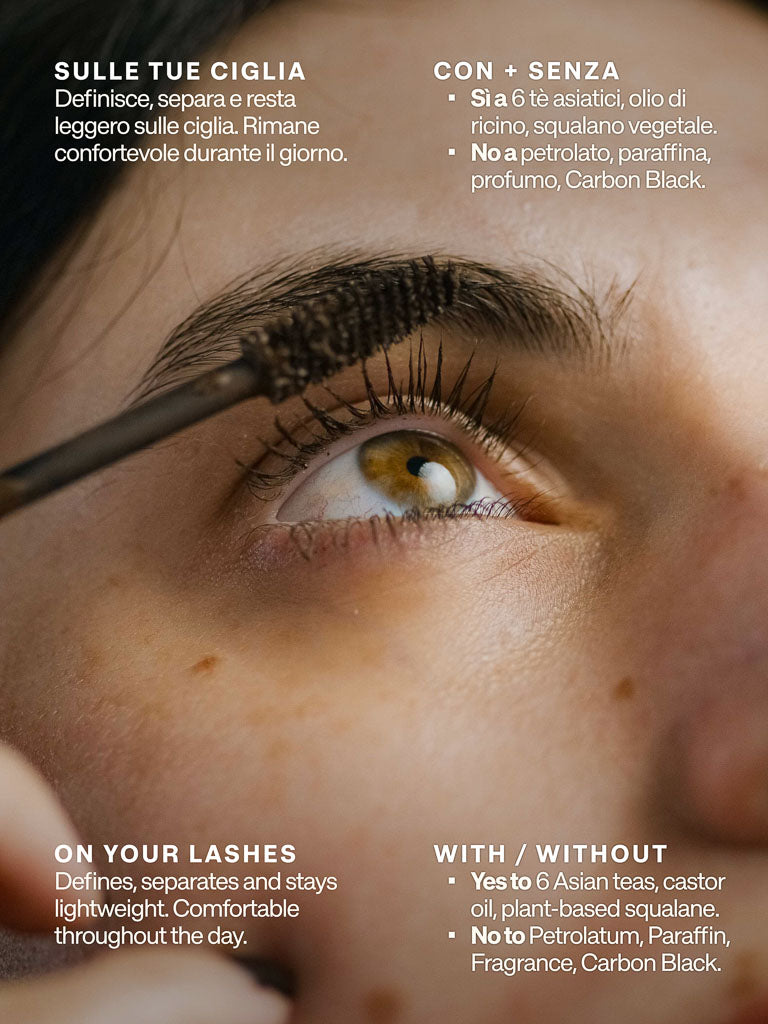 Zoom of an eye with Lebubè brown mascara with antioxidant and strengthening properties, from Lebubè Halal hybrid cosmetics