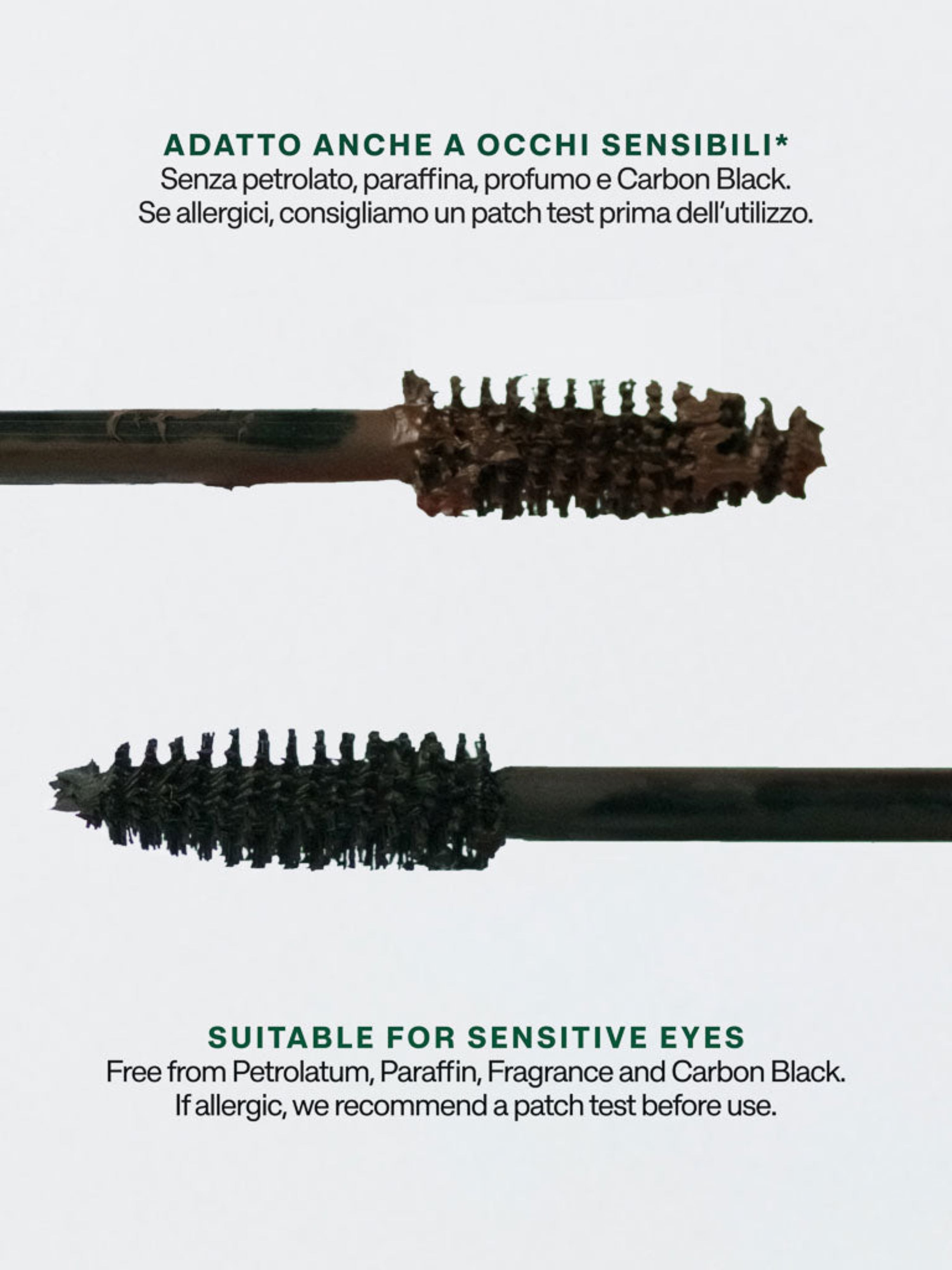 Lebubè plant-based brown and black mascara for naturally defined lashes. Brush zoomed in, resting on the tube. From Lebubè hybrid cosmetics