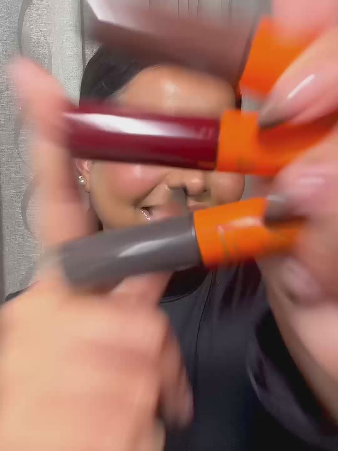 Load video: Collage of three clips showing a woman wearing Lebubè Tinted Lip Oil for plump lips in Erotica, Bitter Chocolate, and Enigma