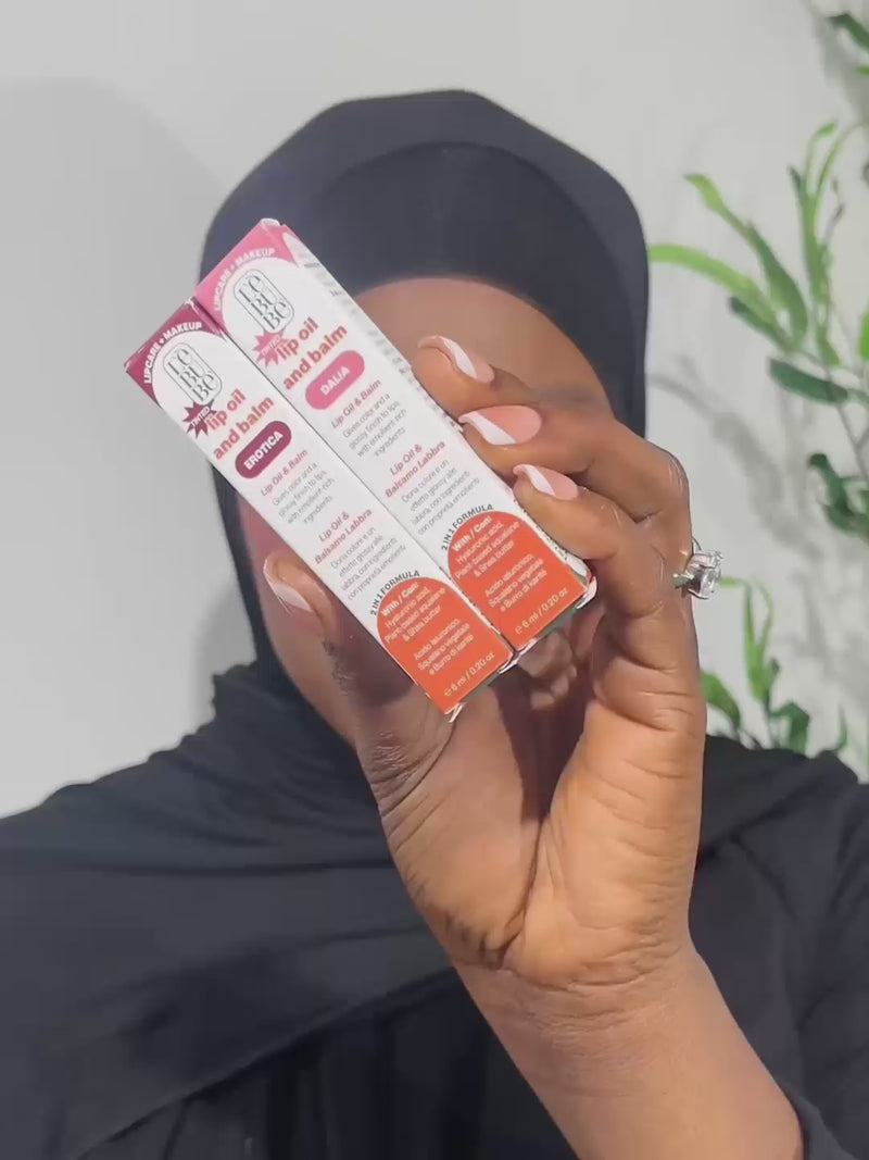 Woman wearing Dalia and Erotica shades of Lebubè Tinted Lip Oil, for glossy and hydrated lips. From Lebubè hybrid cosmetics