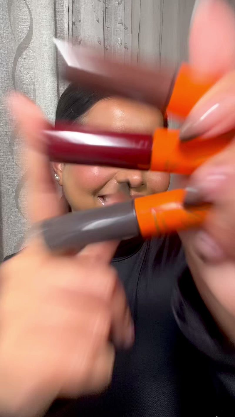 Collage of three clips showing a woman wearing Lebubè Tinted Lip Oil for plump lips in Erotica, Bitter Chocolate, and Enigma
